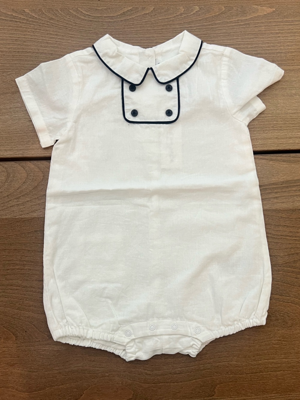 Janie and Jack White Infant Romper with Navy Piping